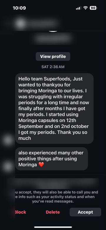 Customer thanking the team after using Moringa capsules