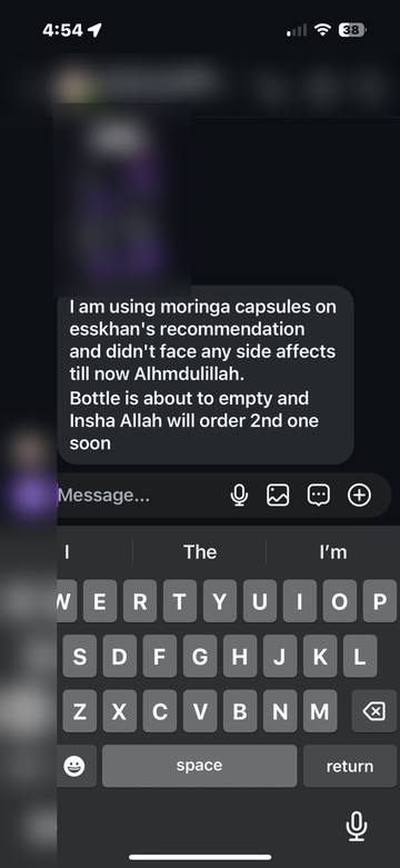 Customer reporting no side effects from Moringa